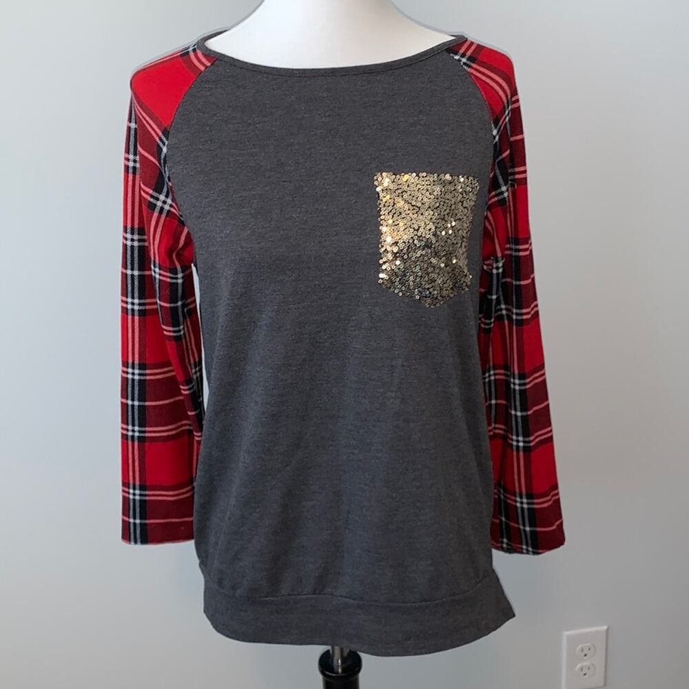 Buffalo Plaid Long Sleeve Sequin Pocket Sweatshirt Sz S